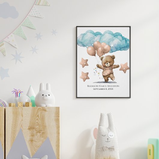 Birth Stats Pink Baby Clouds Nursery Wall Art Poster