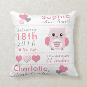 Birth Stats Pink Grey Owl Nursery Sierkussen