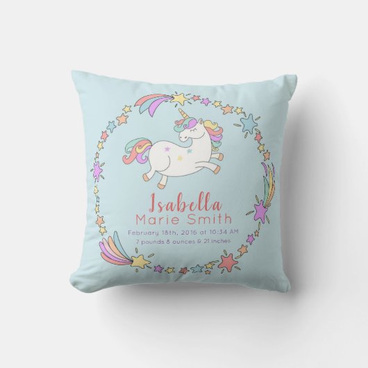 Birth Stats Unicorn Nursery Coussin (Recto)