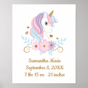 Birth Stats Unicorn Pink Blue Gold, Girly Poster