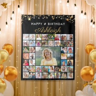 Birthday 45 Photo Collage Black Gold Stars Script Wandkleed