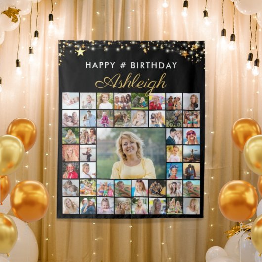 Birthday 45 Photo Collage Black Gold Stars Script Wandkleed