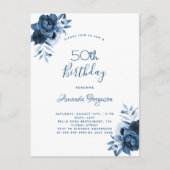 Birthday 50 blue florals white script briefkaart (Voorkant)