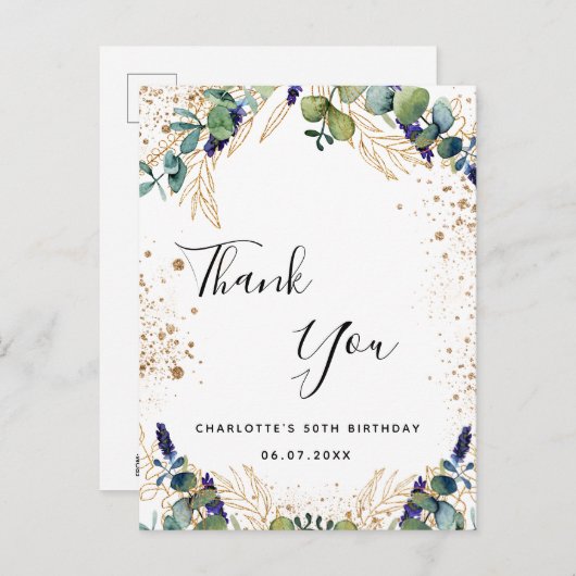 Birthday 50 eucalyptusgrienery dank u briefkaart (Voorkant / Achterkant)