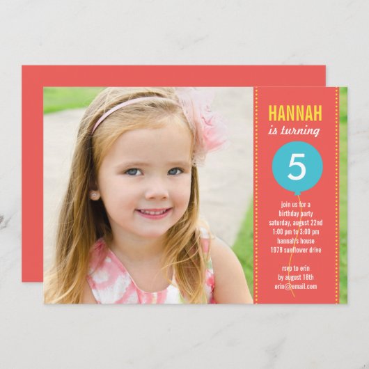 Birthday Balloon Photo Birthday Invitation - Coral Kaart (Voorkant / Achterkant)