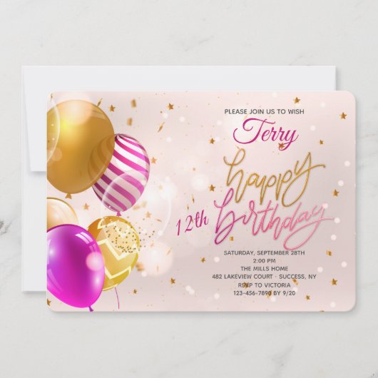 Birthday Balloons Roze uitnodiging (Voorkant)