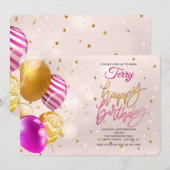 Birthday Balloons Roze uitnodiging (Voorkant / Achterkant)