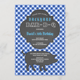 Birthday BARBEQUE Chalk Blue Gingham Invitation Kaart