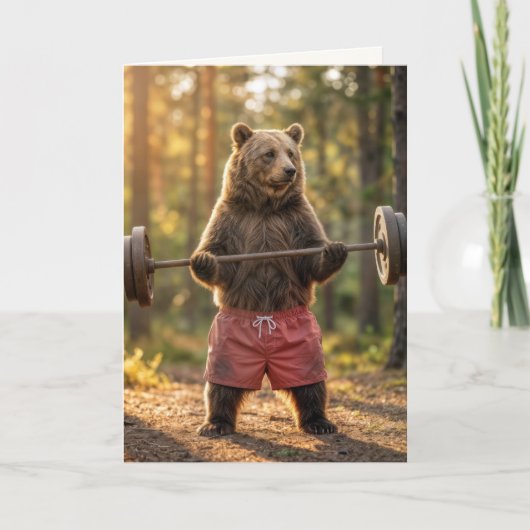 Birthday Bear Lifting Weights In a Sunny Forest Kaart (Voorkant)