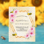Birthday bee pink floral honeycomb invitation<br><div class="desc">Elegant, fun, 50th birthday summer party invitation. Yellow, white background with a honeycomb pattern. With a faux gold geometric frame. Decorated with pink tropical florals flowers, hibiscus and happy bumble bees. The name is written with a moderne main littéed style script. Des lettres noires. Perfect for a summer tea party...</div>