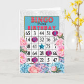 Birthday Bingo Kaart en Roze Blauwe Bloemen (Gele Bloem)