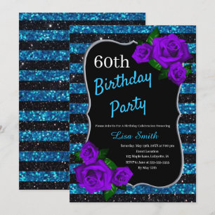 Birthday Black Blue Stripes Glitter Paarse Rozen Kaart