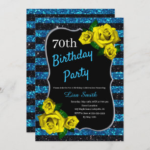 Birthday Black Blue Stripes Glitter Yellow Roses Kaart