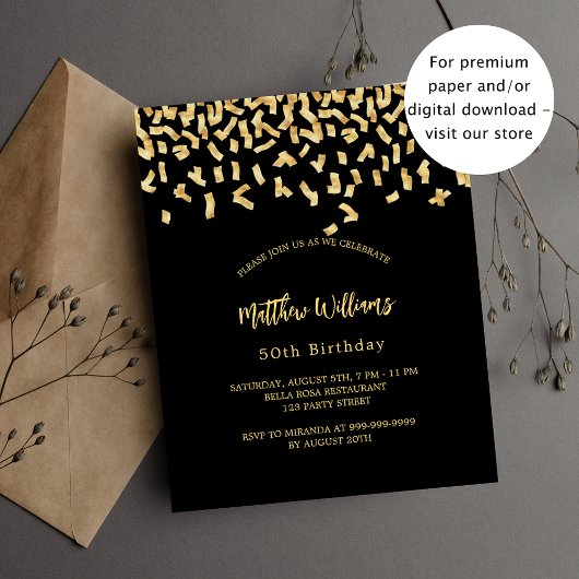 Birthday black gold confetti budget uitnodiging flyer