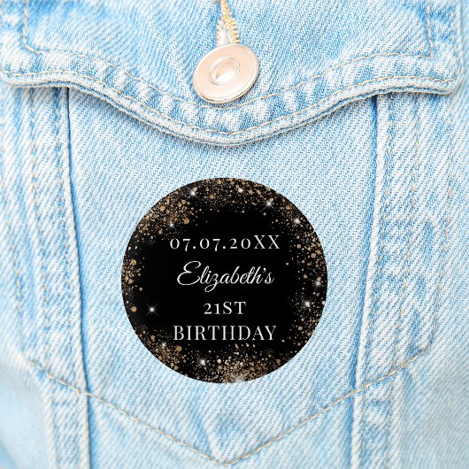Birthday black gold glitter name date ronde button 3,2 cm