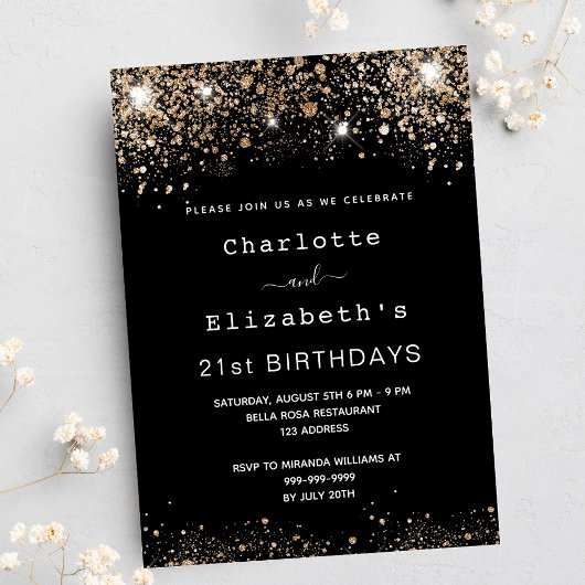 Birthday black gold glitter twee vrienden uitnodiging briefkaart