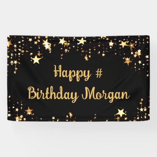 Birthday Black Gold Stars script op maat Spandoek (Horizontaal)