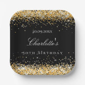 Birthday black gouglitter sparkles name elegant papieren bordje (Voorkant)