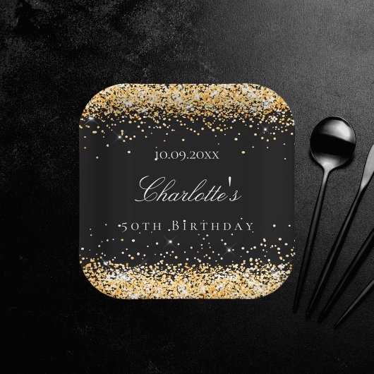 Birthday black gouglitter sparkles name elegant papieren bordje