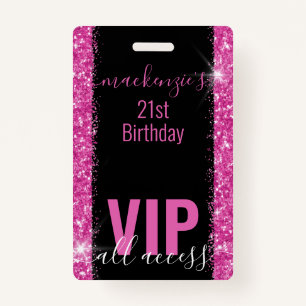 Birthday Black Pink Glitter VIP Party Invitation Badge