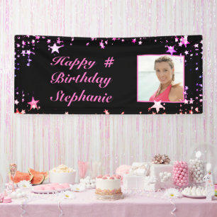 Birthday Black Pink Stars Foto gepersonaliseerd Spandoek