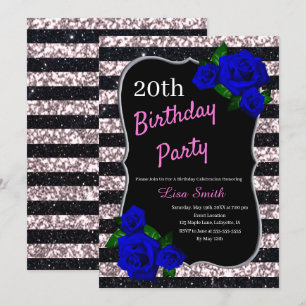 Birthday Black Pink Stripes Glitter Deep Blue Roos Kaart