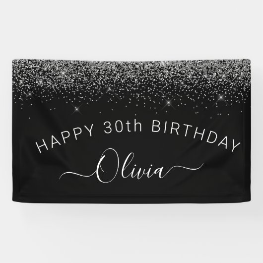 Birthday Black Silver Any Age Glitter Girly Spandoek (Horizontaal)