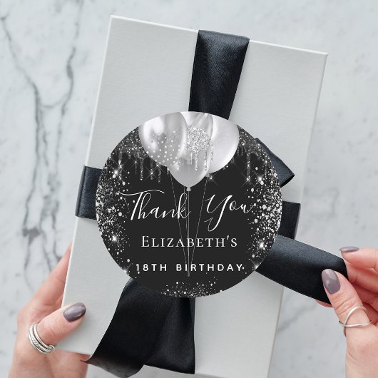 Birthday Black Silver Glitter-naam bedankt Ronde Sticker
