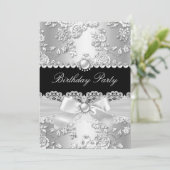 Birthday Black White Damask Roos Silver 2 Kaart (Staand voorkant)