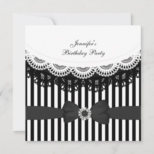 Birthday Black White Lace Bow Stripe Kaart (Voorkant)