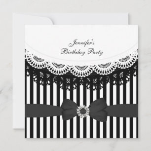 Birthday Black White Lace Bow Stripe Kaart