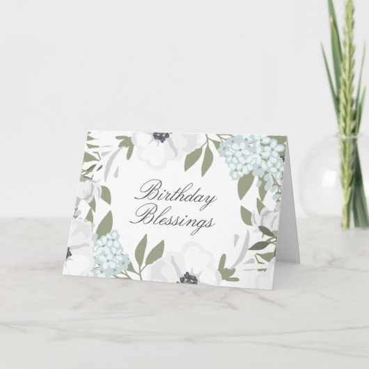Birthday Blessings White & Blue Waterverf Floral Kaart (Voorkant)