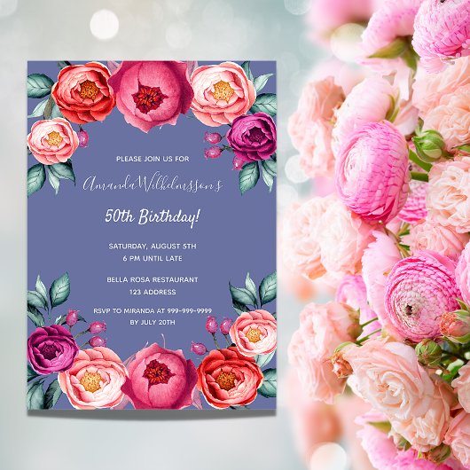 Birthday blue blush roze florals elegant kaart