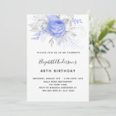 Birthday blue florals elegant zilverwit kaart (Staand voorkant)