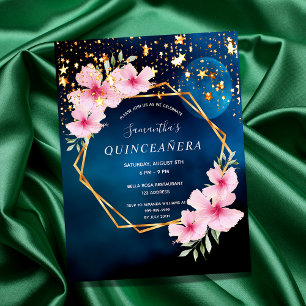 Birthday blue sky maan sterren roze floralen briefkaart