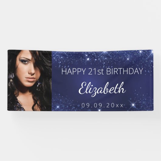Birthday blue zilter glitter op maat foto op maat spandoek (Horizontaal)