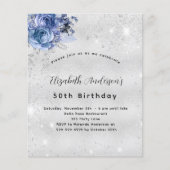 Birthday blue zilveren florals uitnodiging voor be flyer (Voorkant)
