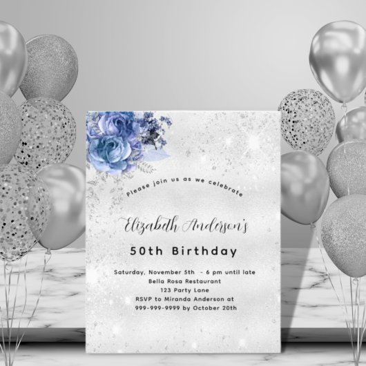 Birthday blue zilveren florals uitnodiging voor be flyer