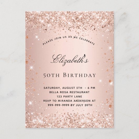 Birthday blush roos Gold glitter elegant script Uitnodiging Briefkaart (Voorkant)