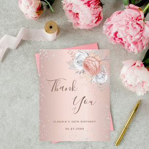 Birthday blush roos gold Silver Glitter floral Bedankkaart