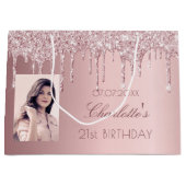 Birthday blush roze glitter druppelt naam foto groot cadeauzakje (Voorkant)