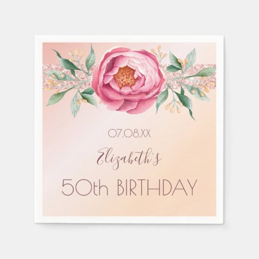 Birthday blush roze roze roze goudglitterfloralen servet (Voorkant)