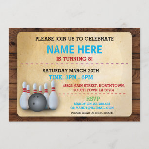 Birthday Bowling Invite Party Invitation Wood Kaart