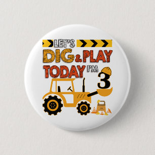 Birthday Boy 3 Construction 3rd Birthday Excavator Ronde Button 5,7 Cm