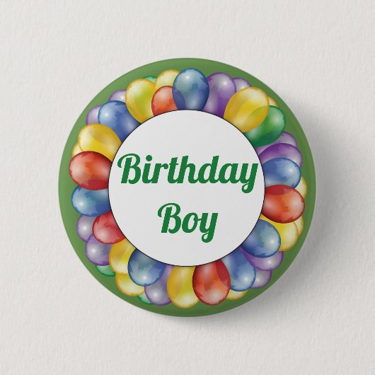 Birthday Boy Balloons Button Blue Yellow Green (Voorkant)