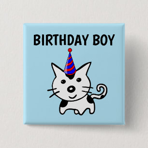 BIRTHDAY BOY CAT-BUTTONNEN VIERKANTE BUTTON 5,1 CM