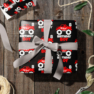 Birthday Boy Red Monster Truck tegen Leeftijd Blac Cadeaupapier