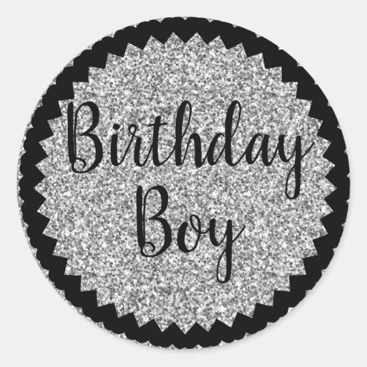 Birthday Boy Silver Glitter Classic Round Sticker (Voorkant)