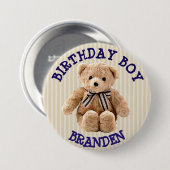Birthday Boy Tan en Blue Teddy Bear Button (Voorkant /achterkant)