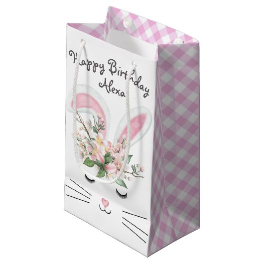 Birthday Bunny met Flowers en Gingham Klein Cadeauzakje (Voorkant Gekanteld)